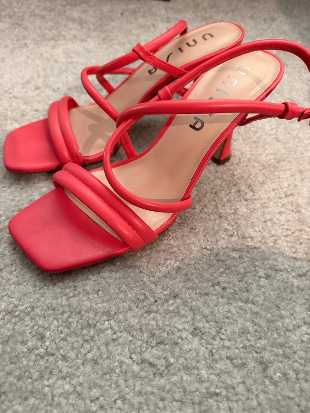 Unisa Coral-Red Strappy Square-Toe Heeled Sandals